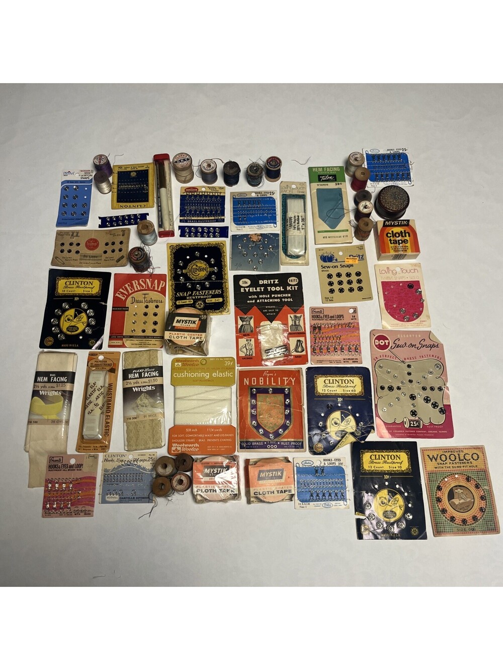 Vintage Sewing Lot 50+ Pieces Hem Facing Hooks Eyes Loops Wooden Spools Thread
